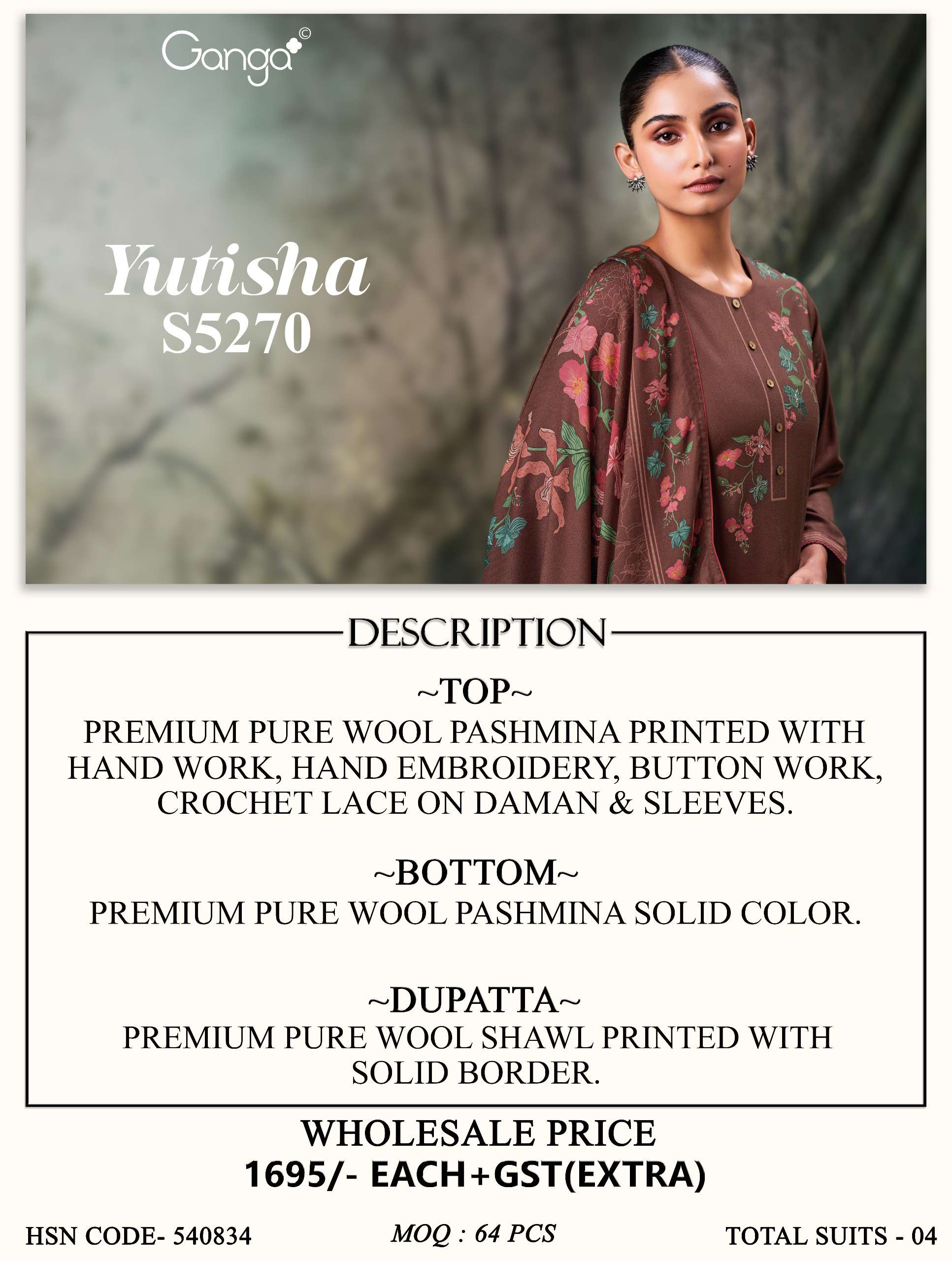 GANGA YUTISHA 5270 WOOL PASHMINA CROCHET LACE & SLEEVES SUIT WEDDING COUTURE SHOP